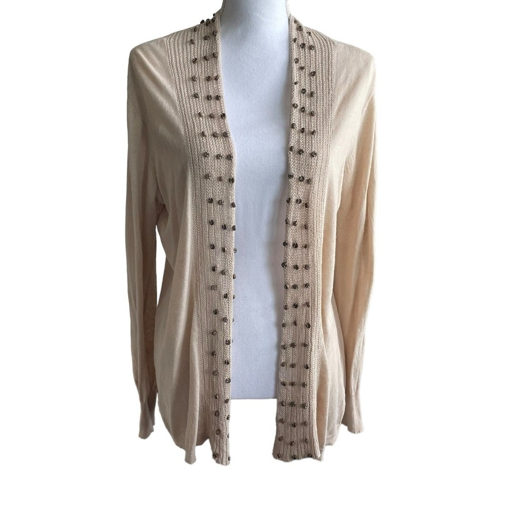 Soft Surroundings Womens Open Cardigan Beige Embellished Boho Luxe Resort Chic